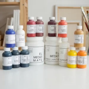 Kit completo El Paint Lab con pigmentos, medio mate, medio brillante y espesante para mezclar colores y formular pintura acrílica.