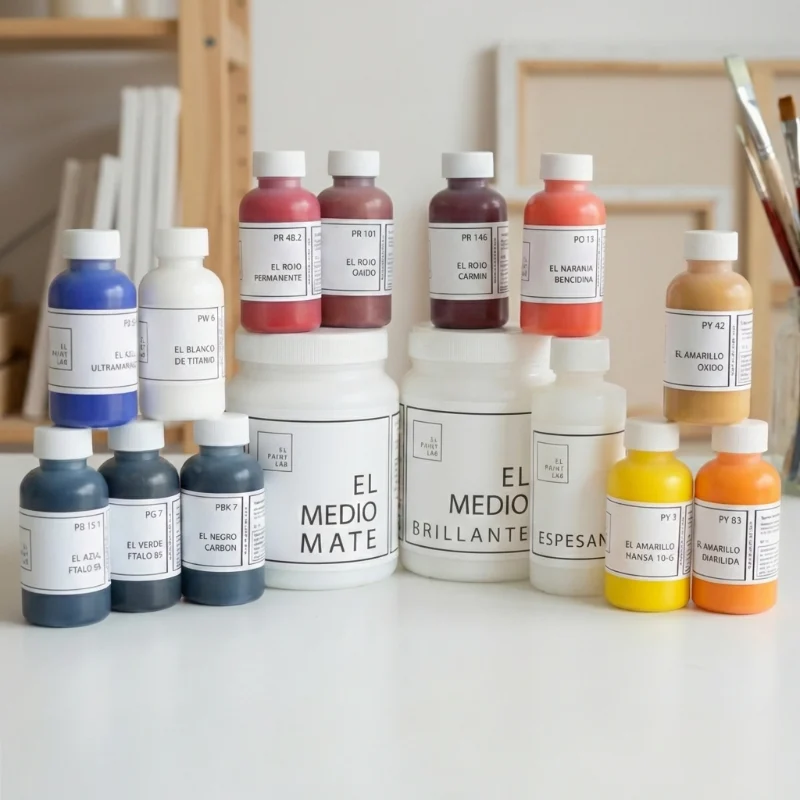Kit completo El Paint Lab con pigmentos, medio mate, medio brillante y espesante para mezclar colores y formular pintura acrílica.