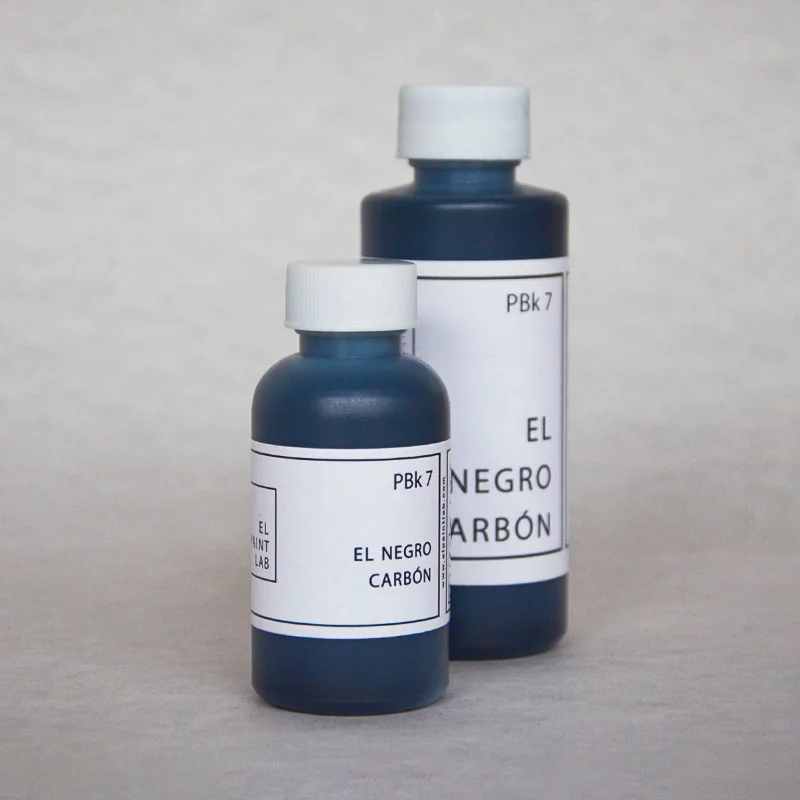 Pigmento PBk7 negro carbón de El Paint Lab en frascos para mezclar y formular pintura acrílica.
