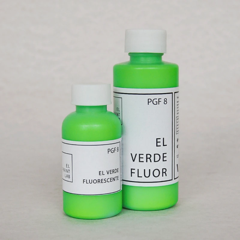 Pigmento PGF8 verde fluorescente de El Paint Lab en frascos para mezclar y formular pintura acrílica