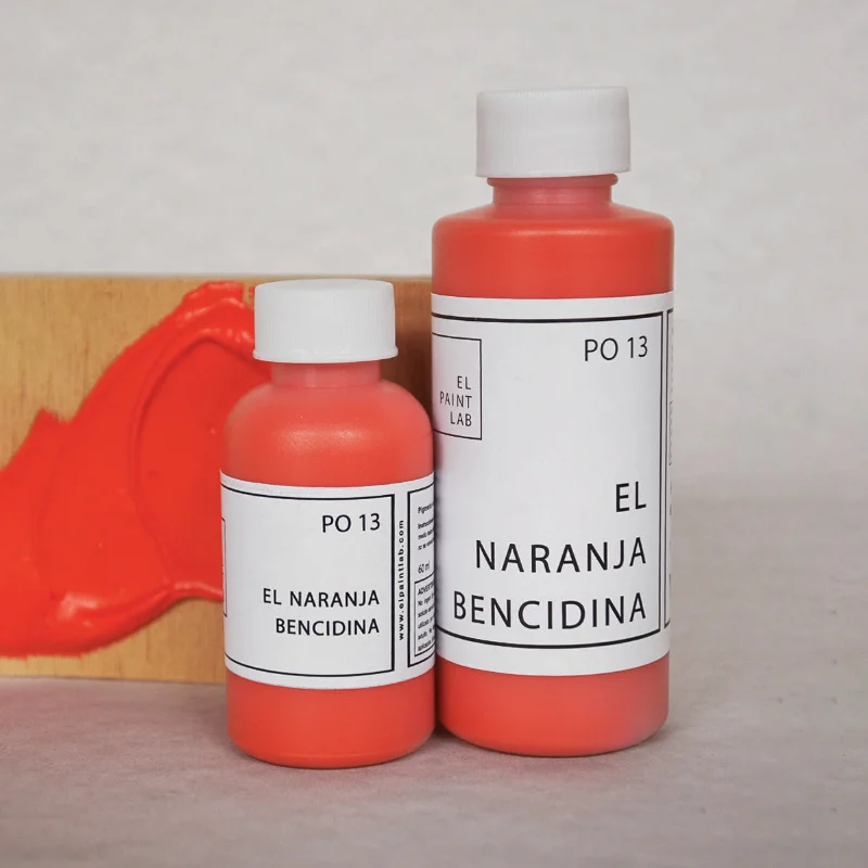 Pigmento PO13 naranja bencidina de El Paint Lab en frascos para mezclar y formular pintura acrílica