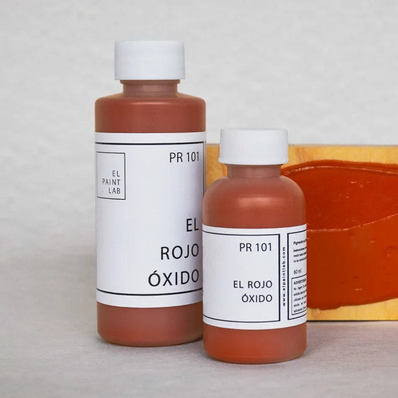 Pigmento PR101 rojo óxido de El Paint Lab en frascos para mezclar y formular pintura acrílica
